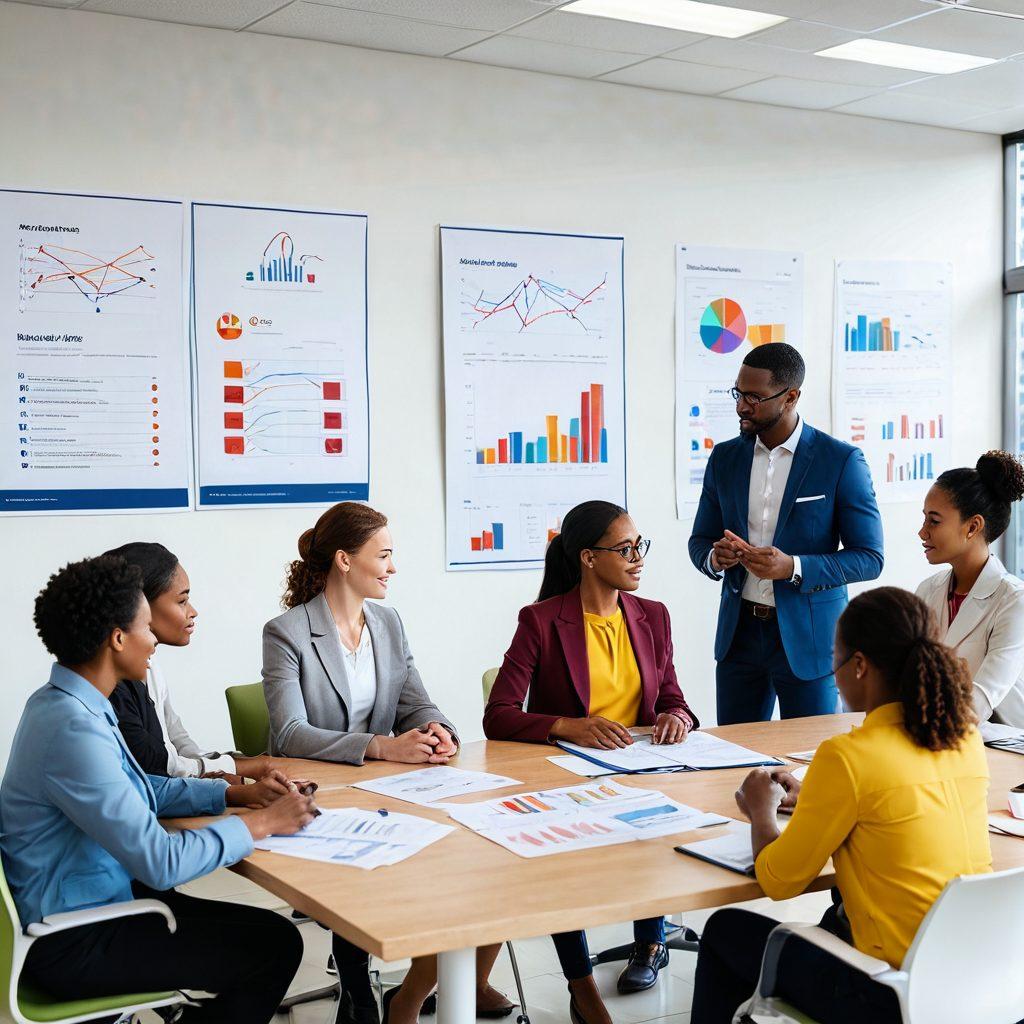 An informative and visually engaging illustration featuring a diverse group of employees in a modern office setting discussing FMLA regulations, with charts and documents highlighting leave entitlements and workplace benefits in the background. Incorporate symbols of care and support, like a heart or family icons, to represent the themes of well-being and rights. The scene should convey a sense of collaboration and understanding. super-realistic. vibrant colors. white background.