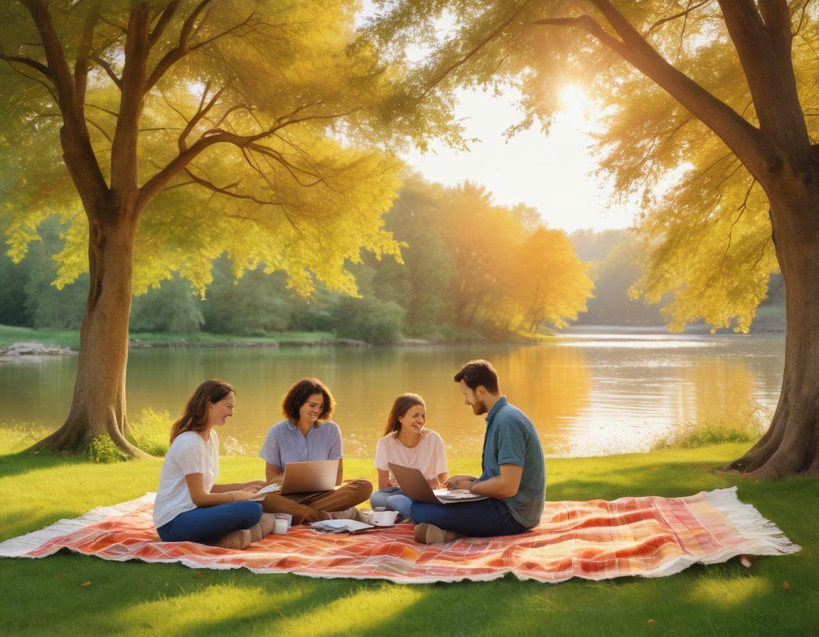 A serene work-life balance scene featuring a happy family enjoying a picnic in a park, with a laptop and coffee on a nearby blanket symbolizing work. The background showcases a peaceful landscape with trees and a gentle river, while visual elements of employee support resources (like a guidebook and calendar) are subtly integrated. Soft, warm lighting creates a welcoming atmosphere, inviting viewers to explore the concept of balance. vibrant colors. watercolor style.