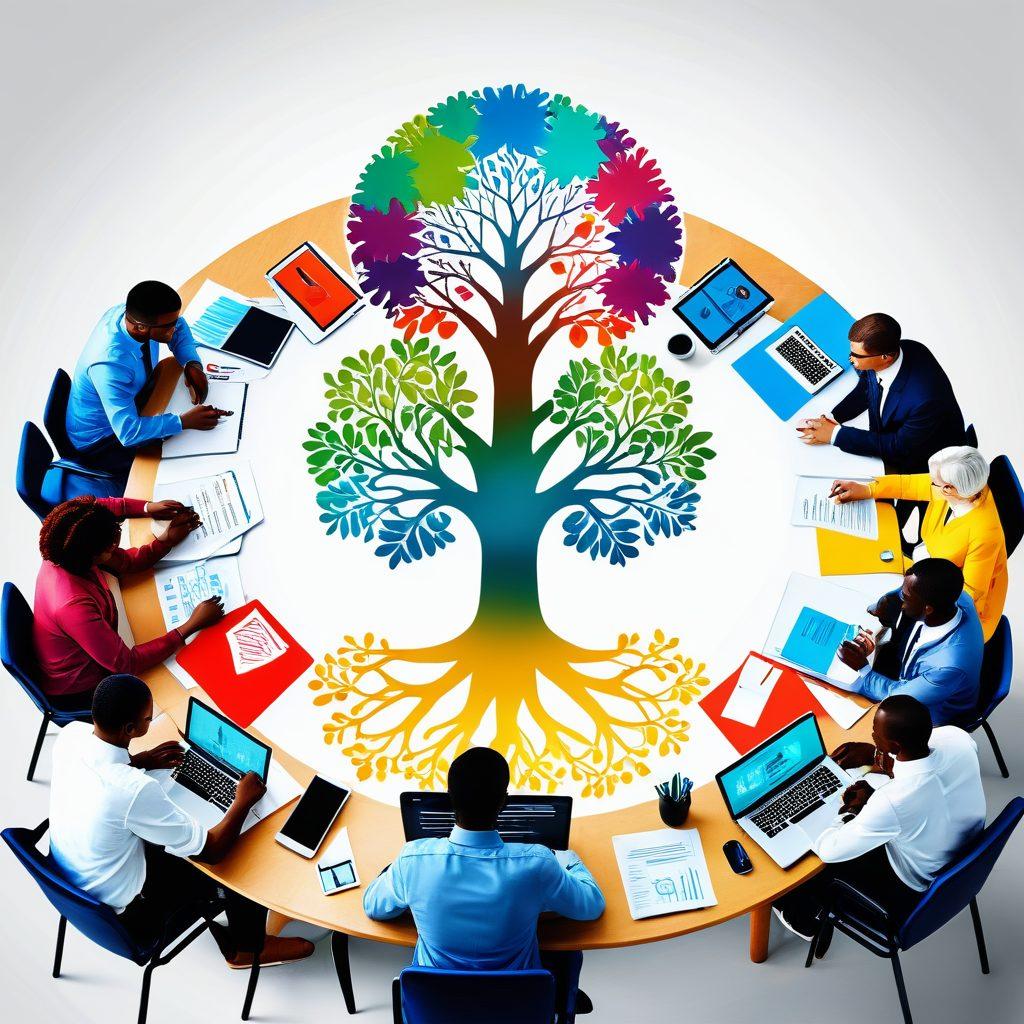 An informative and visually engaging representation of FMLA rights and workplace benefits, featuring a diverse group of people discussing at a round table with documents and laptops, surrounded by symbols of family, health, and workplace, such as a family tree, a stethoscope, and office briefcases. The atmosphere is collaborative and uplifting, conveying support and guidance. super-realistic. vibrant colors. white background.